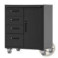 Black metal tool storage cabinet with four drawers keyed cabinet door and casters for mobility