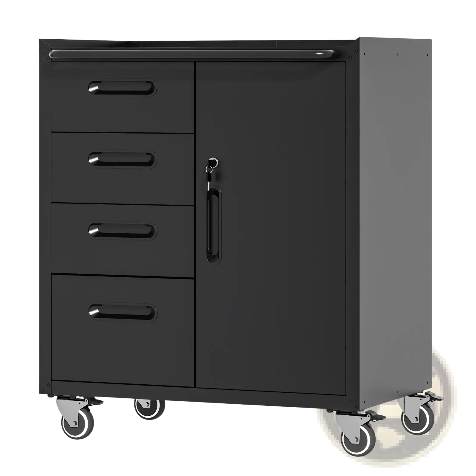 Black metal tool storage cabinet with four drawers keyed cabinet door and casters for mobility