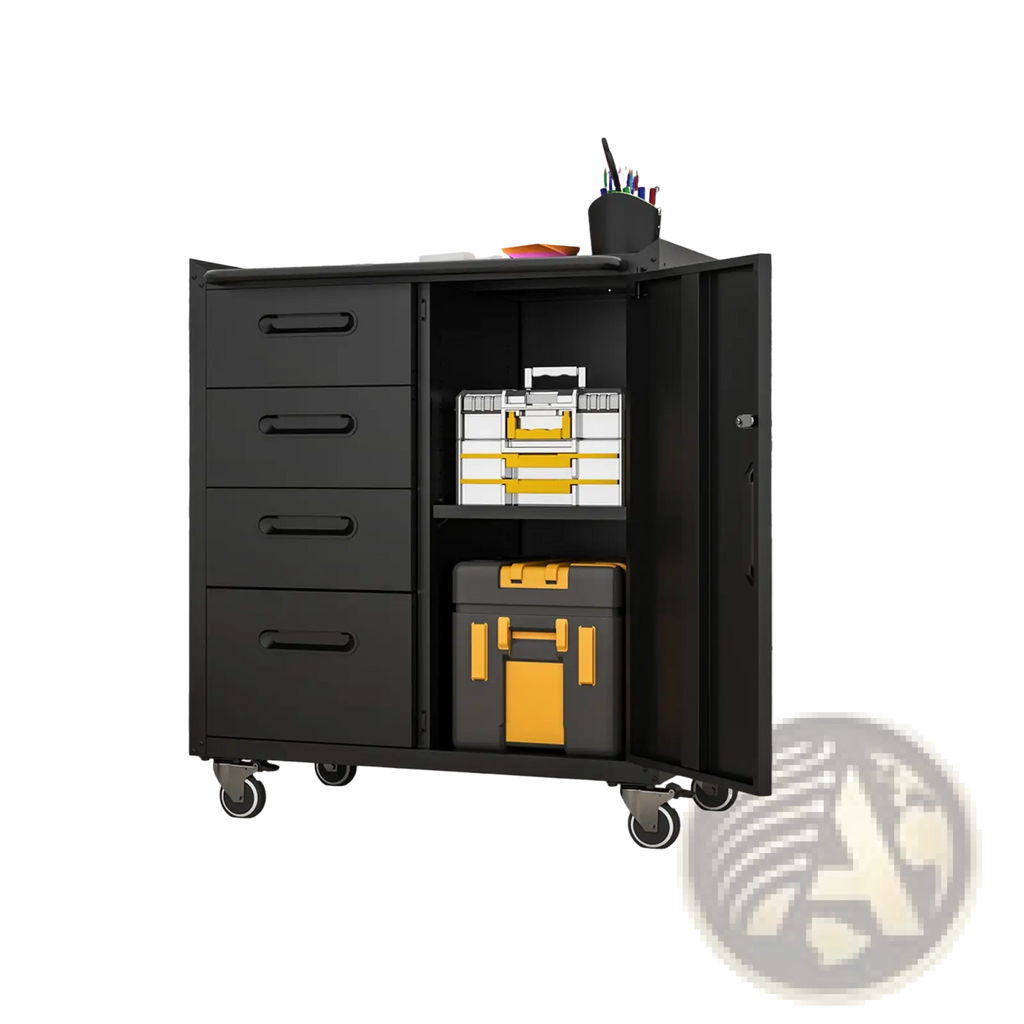 Black metal tool storage cabinet with four drawers wheels and yellow-accented storage boxes inside