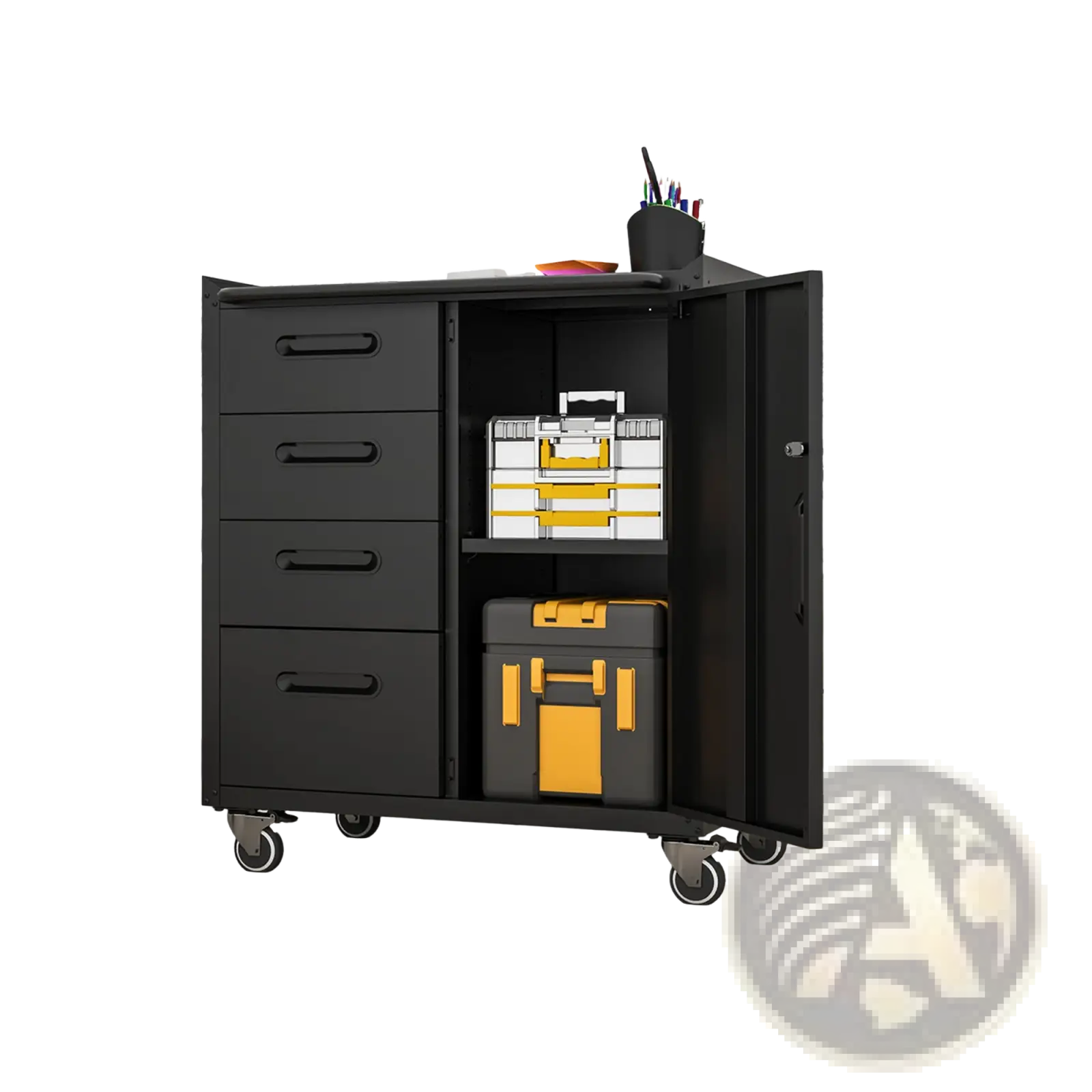 Black metal tool storage cabinet with four drawers wheels and yellow-accented storage boxes inside