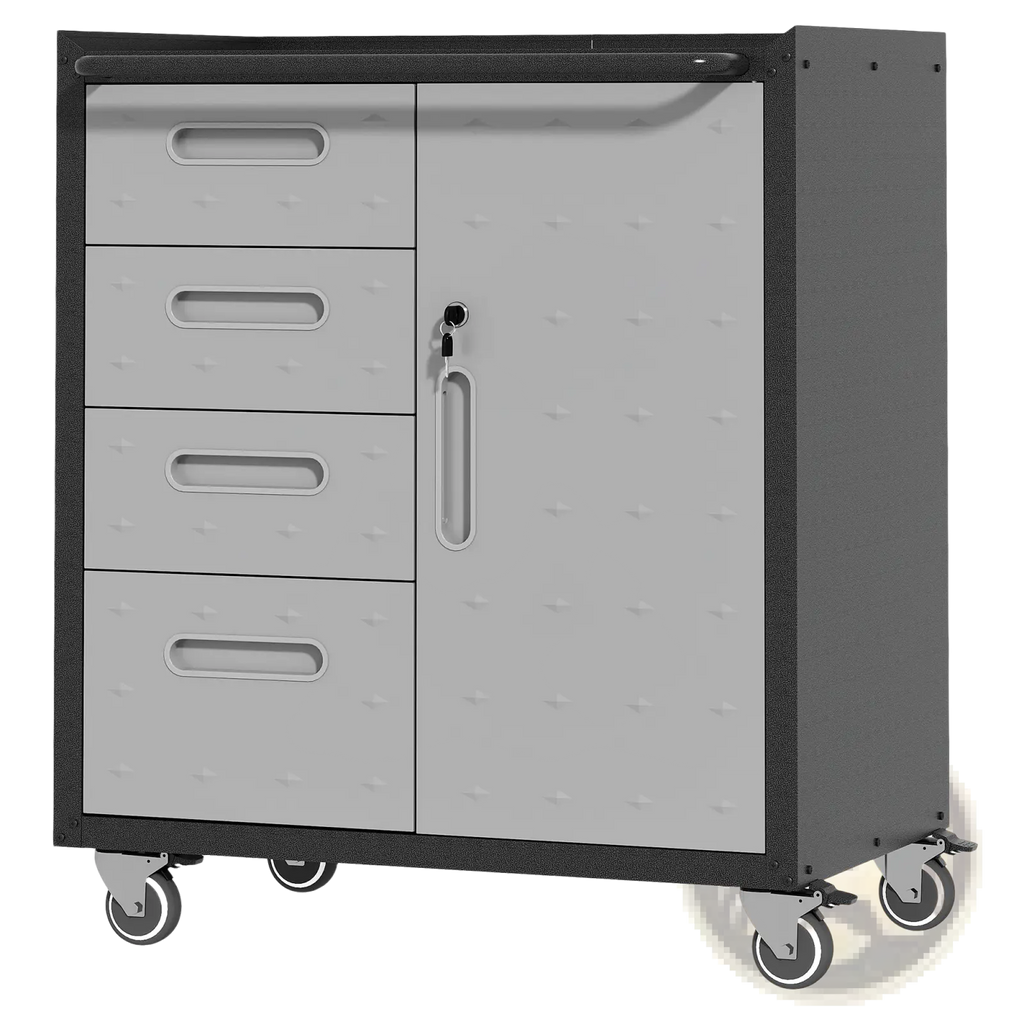 Gray metal tool storage cabinet with four drawers lockable door black frame and wheels for mobile tool organization