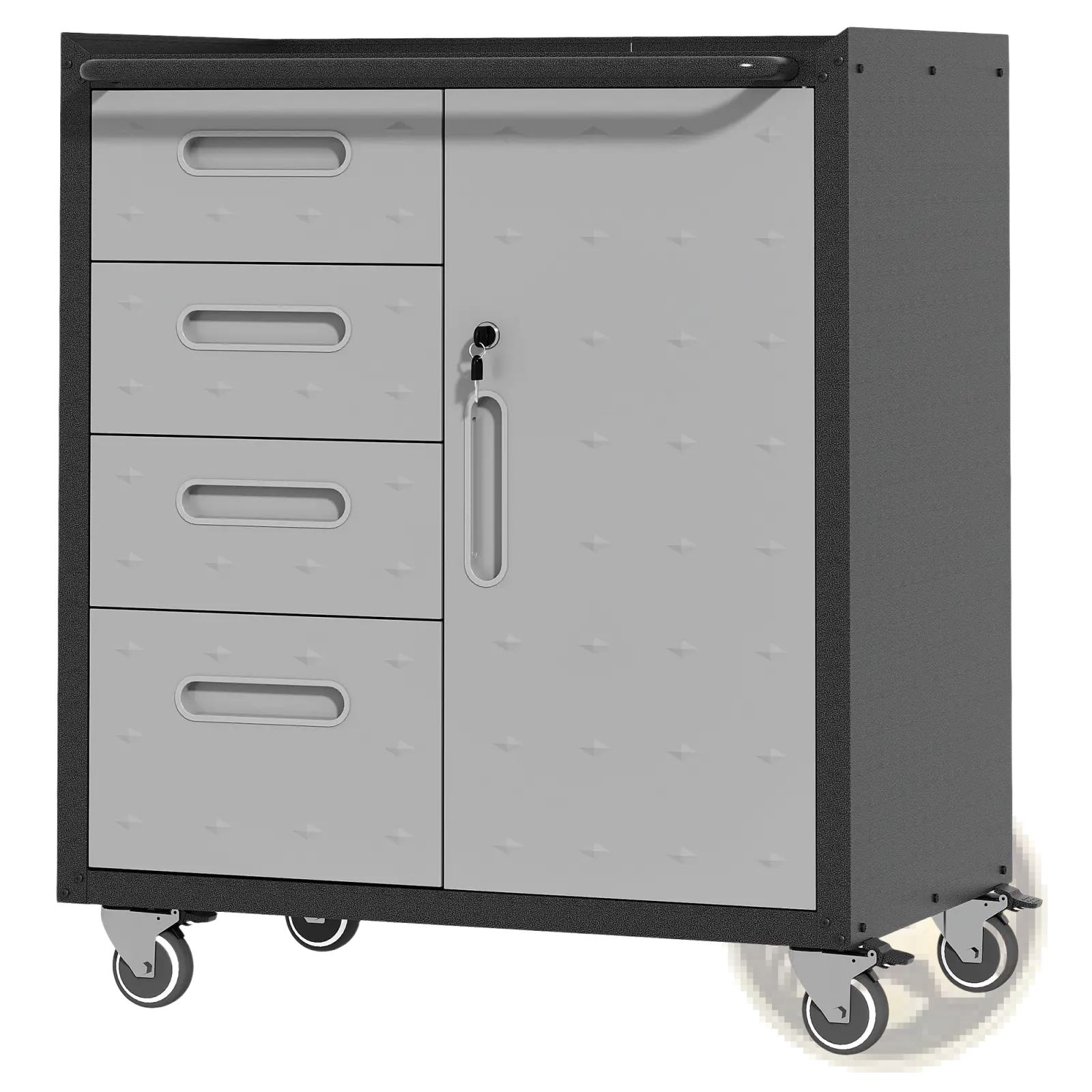 Gray metal tool storage cabinet with four drawers lockable door black frame and wheels for mobile tool organization