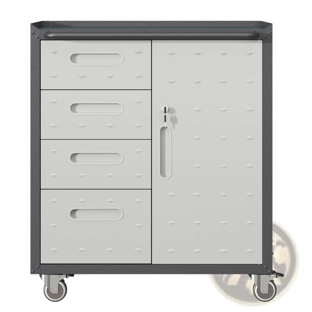 Gray metal tool storage cabinet with four drawers, pegboard door, and wheels for easy mobility