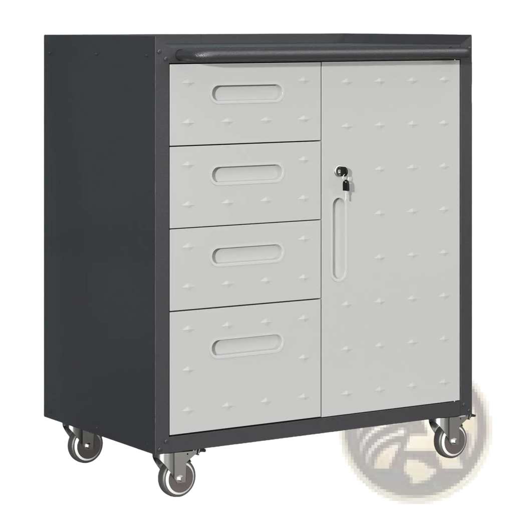 Gray metal tool storage cabinet with wheels featuring four drawers one door and a textured crosshatch surface