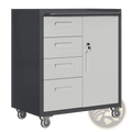 Gray metal tool storage cabinet with wheels featuring four drawers one door and a textured crosshatch surface