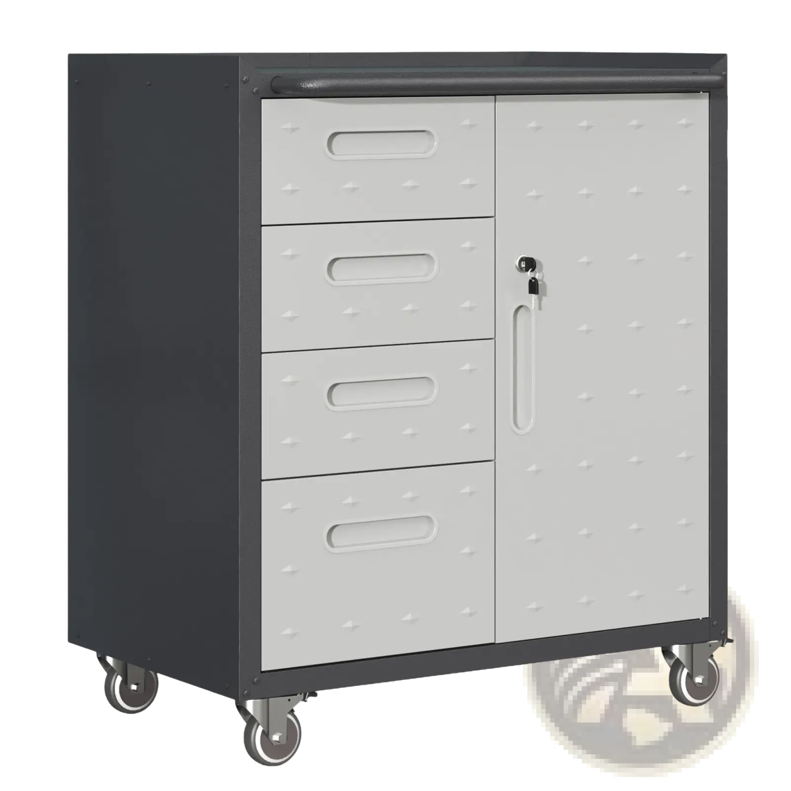 Gray metal tool storage cabinet with wheels featuring four drawers one door and a textured crosshatch surface