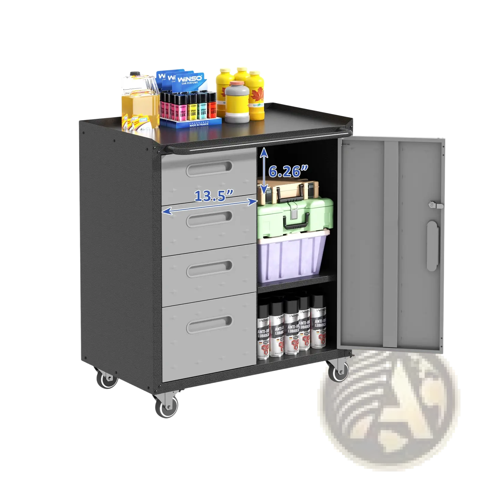Gray metal tool storage cabinet with wheels and four drawers featuring black top and open side door with organized compartments