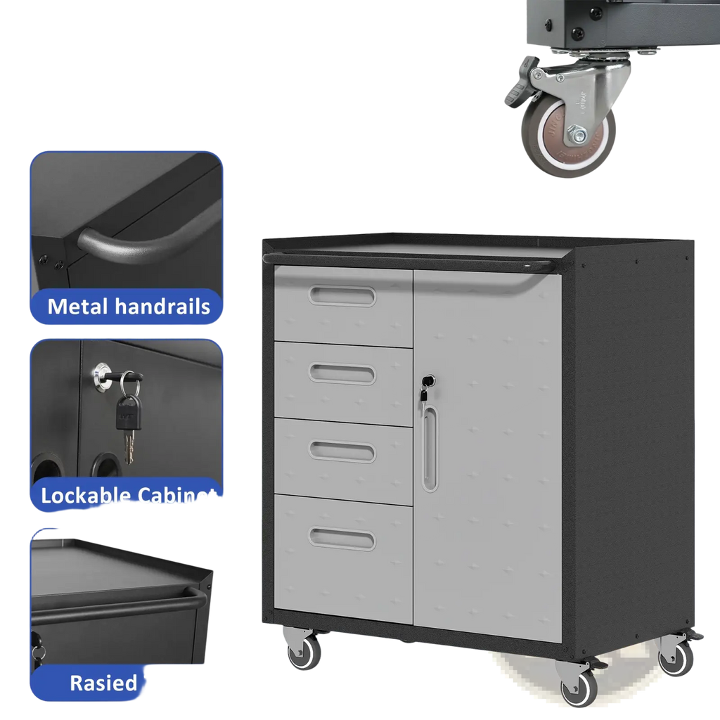 Metal tool storage cabinet with 4 gray drawers heavy-duty metal construction and 360° rotation casters for mobility