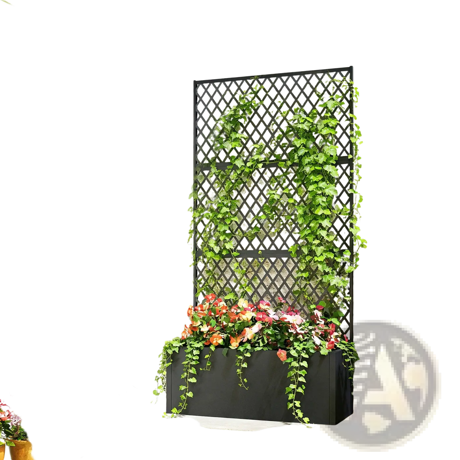 Black metal trellis planter box with diamond lattice pattern covered in green ivy surrounded by potted plants and flowers