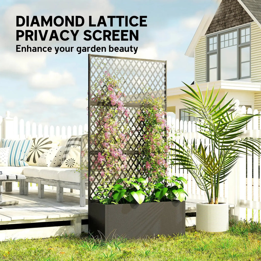 Black metal trellis planter box with diamond lattice privacy screen and raised garden bed for outdoor use