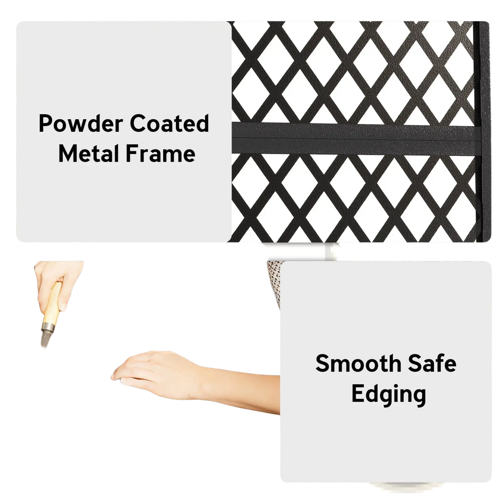 Black powder-coated metal trellis planter box with diamond lattice frame and smooth safe edging for raised garden bed use