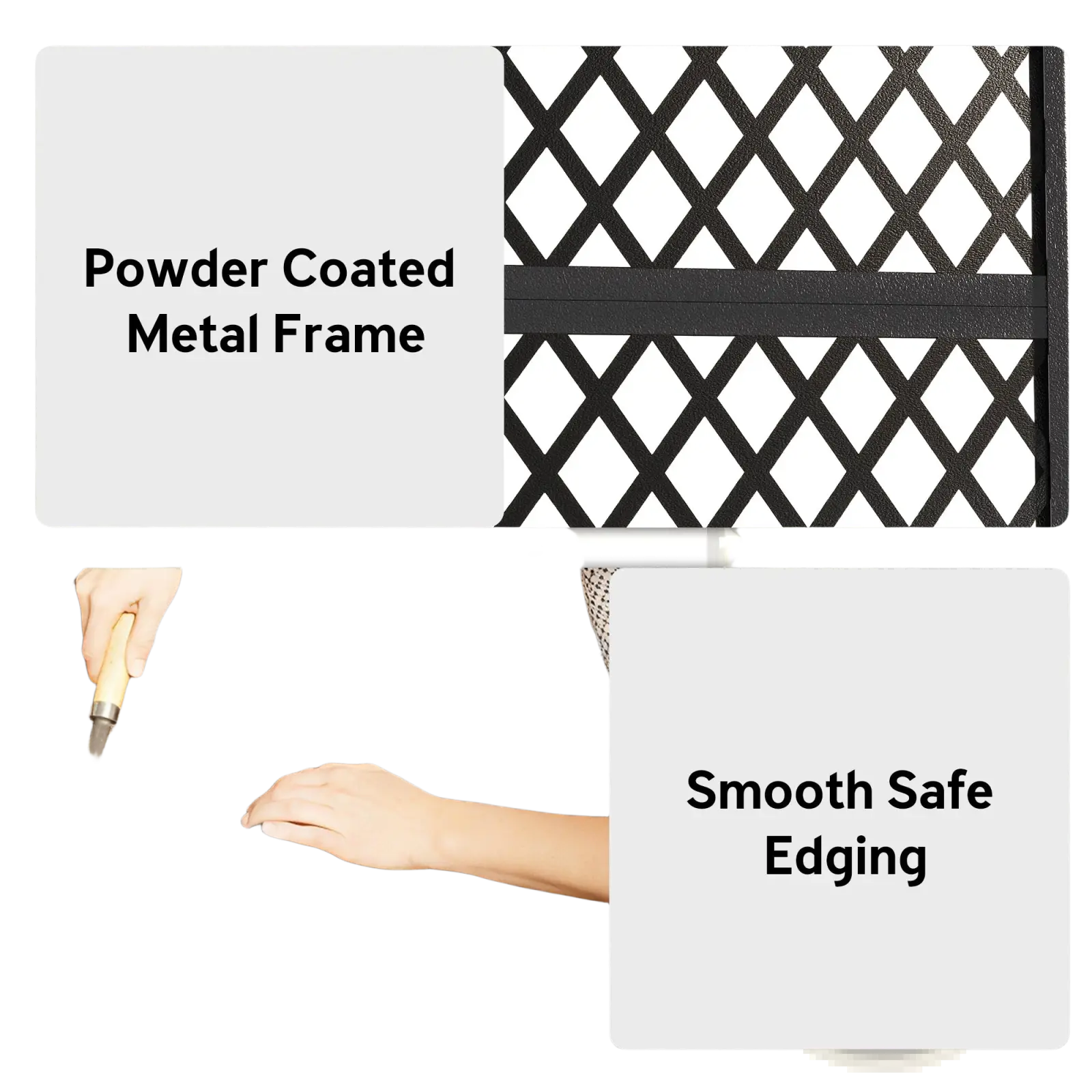 Black powder-coated metal trellis planter box with diamond lattice frame and smooth safe edging for raised garden bed use
