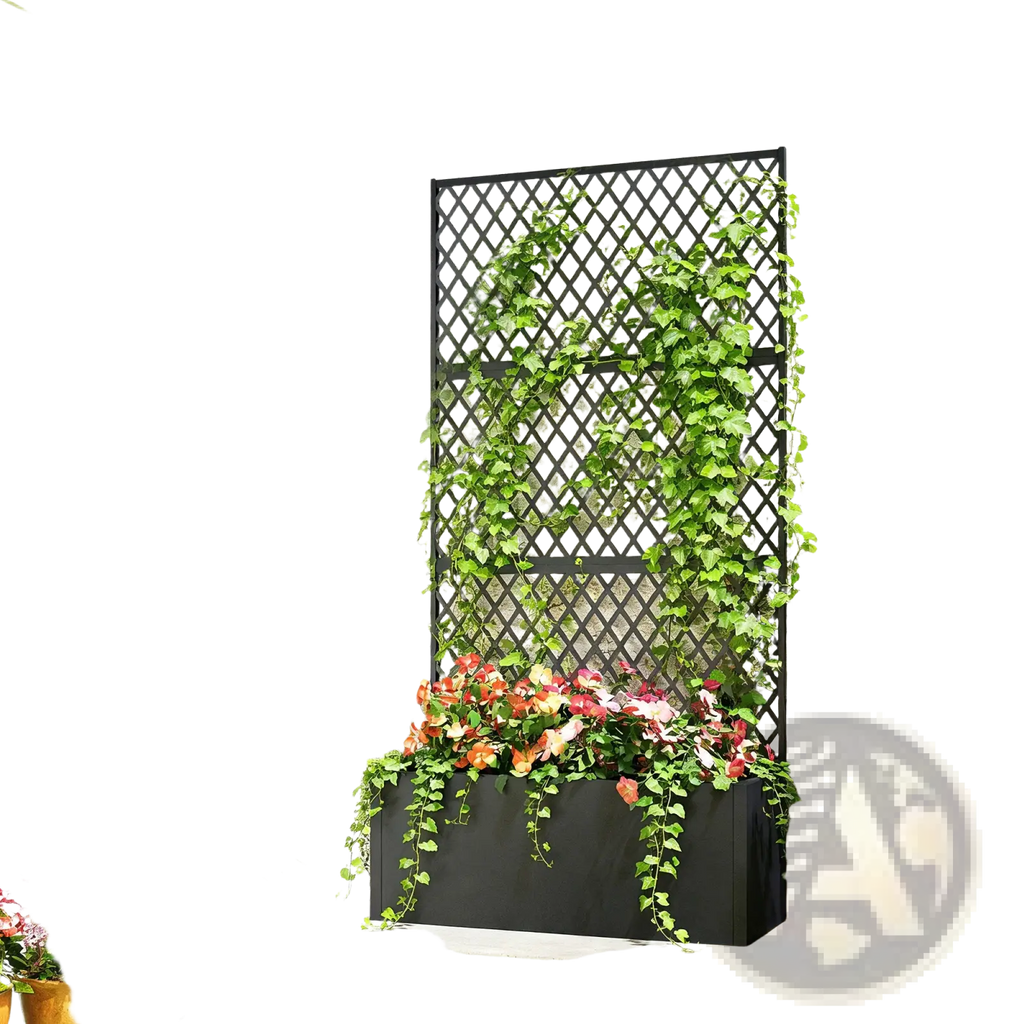 Black metal trellis planter box with diamond lattice pattern covered in green ivy surrounded by potted plants and flowers
