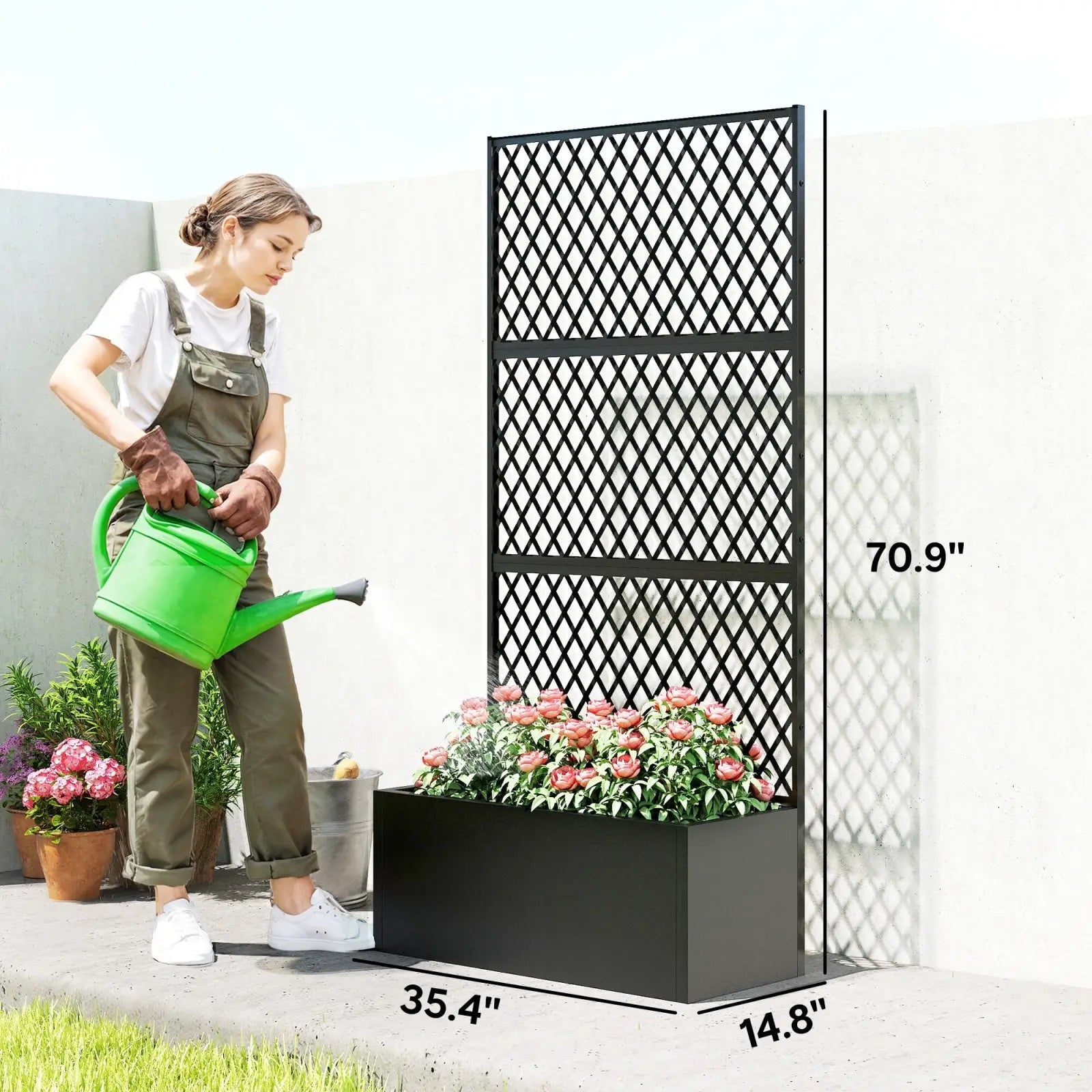 Black metal lattice garden screen with integrated rectangular planter box for raised garden bed use