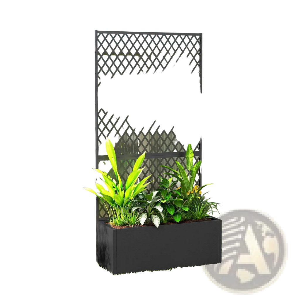 Black metal lattice planter box with rectangular base and diamond trellis top holding lush green plants for raised garden bed