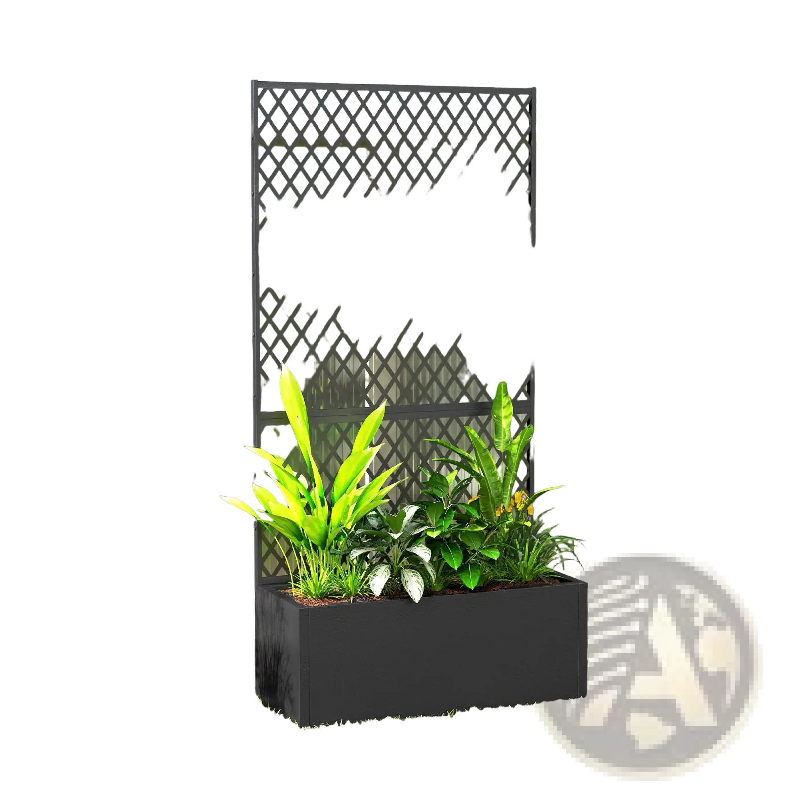 Black metal lattice planter box with rectangular base and diamond trellis top holding lush green plants for raised garden bed