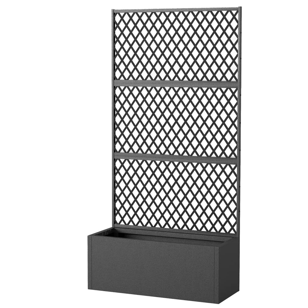 Black metal trellis planter box with lattice design and integrated raised garden bed for outdoor planting