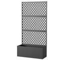 Black metal trellis planter box with lattice design and integrated raised garden bed for outdoor planting