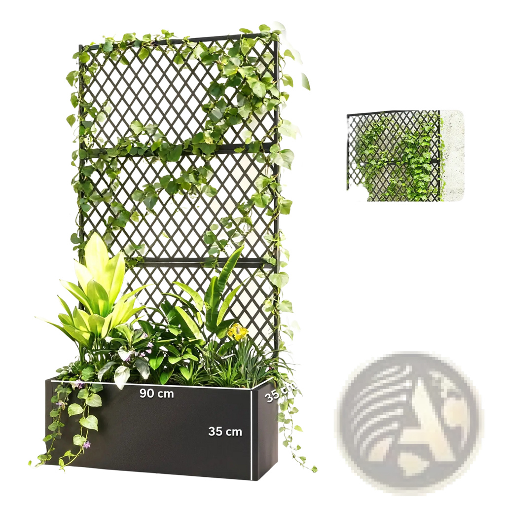 Black metal 2-in-1 trellis and planter box with lattice design for raised garden bed use in outdoor gardening