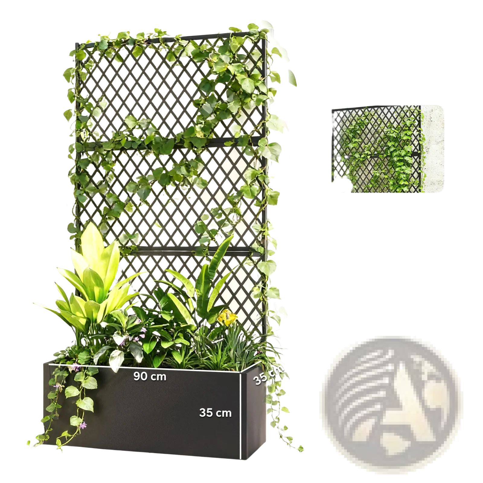 Black metal 2-in-1 trellis and planter box with lattice design for raised garden bed use in outdoor gardening