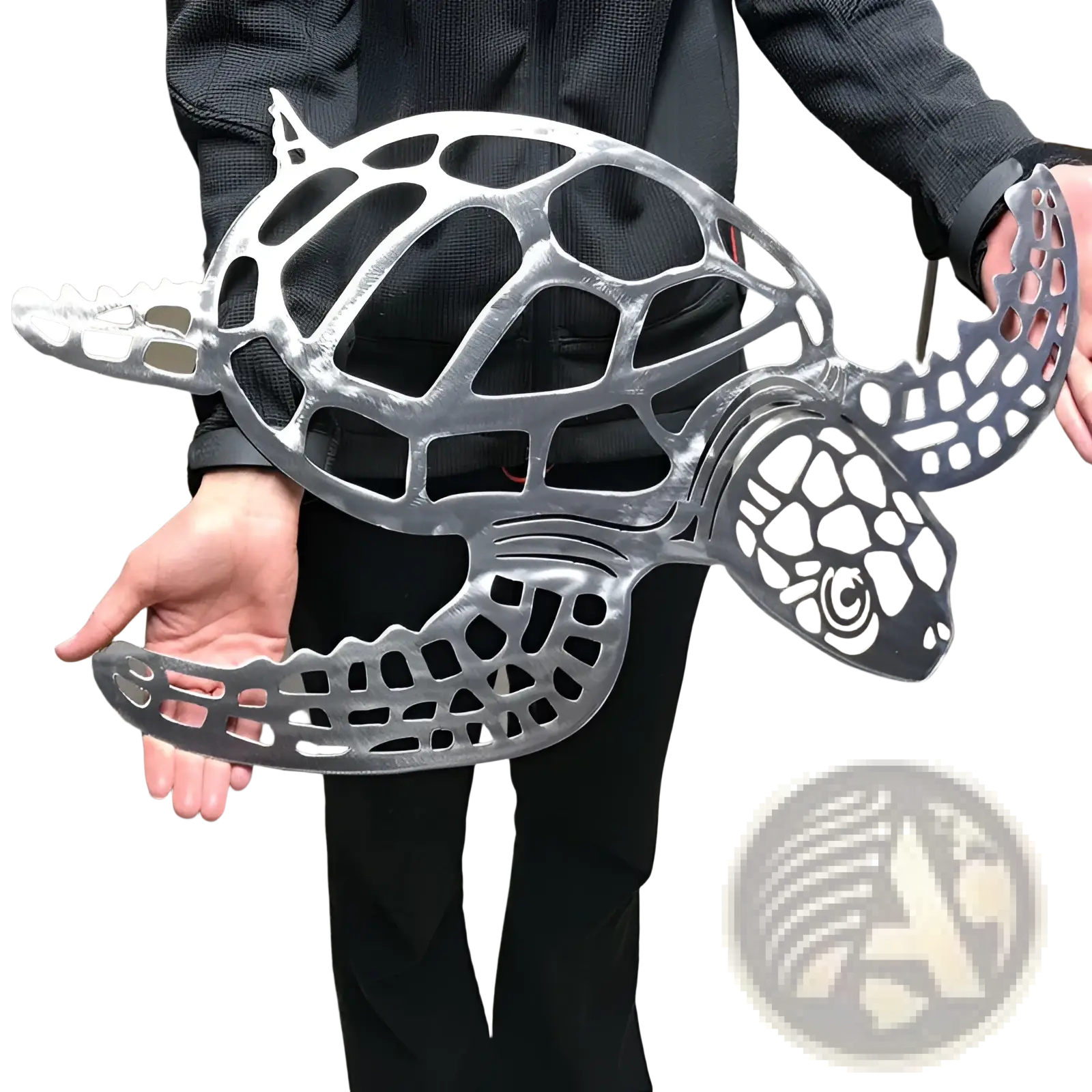 Silver metal sea turtle wall art with minimalist lattice cut-out design for sea life decor