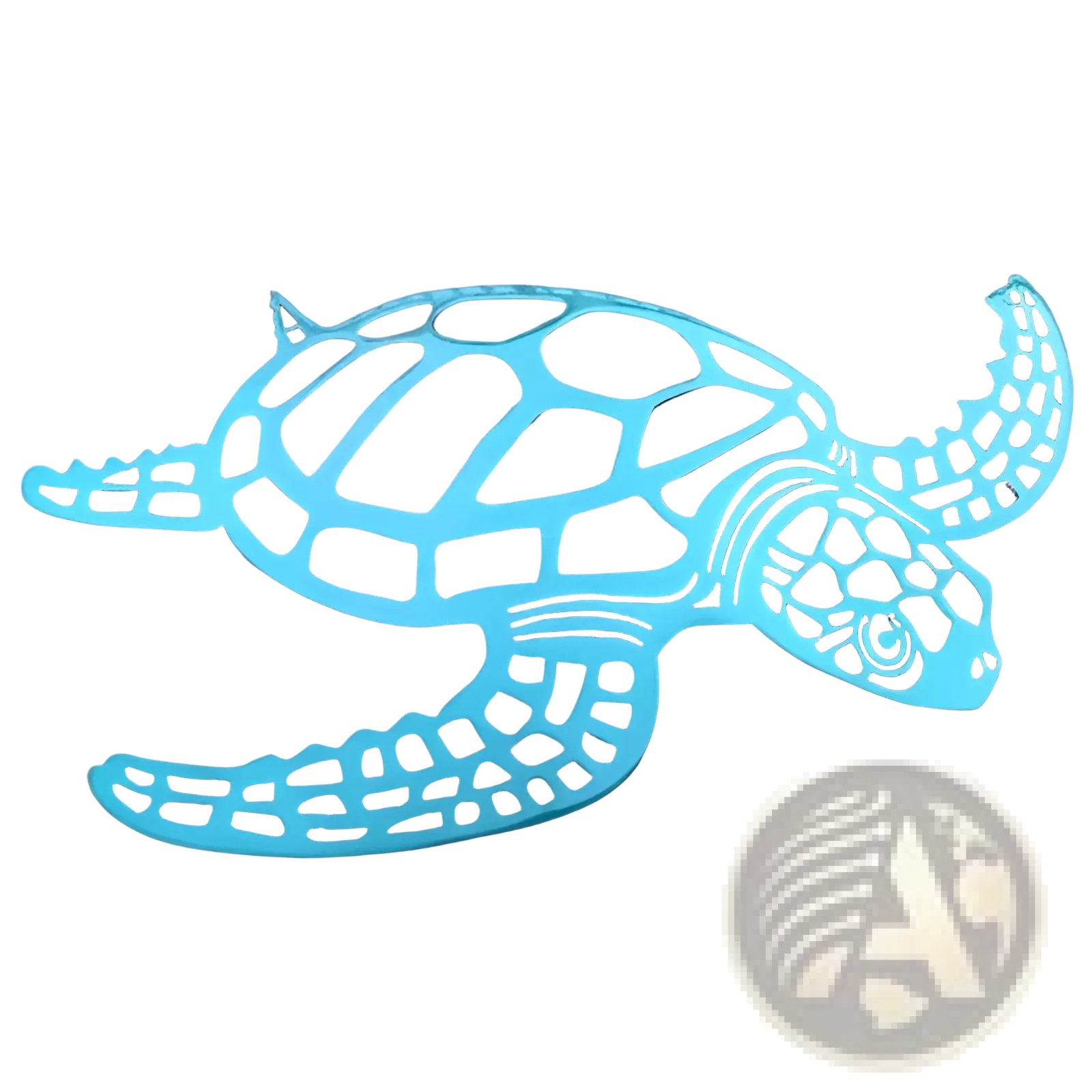 Turquoise metal turtle wall art with intricate cut-out patterns for minimalist sea life decor