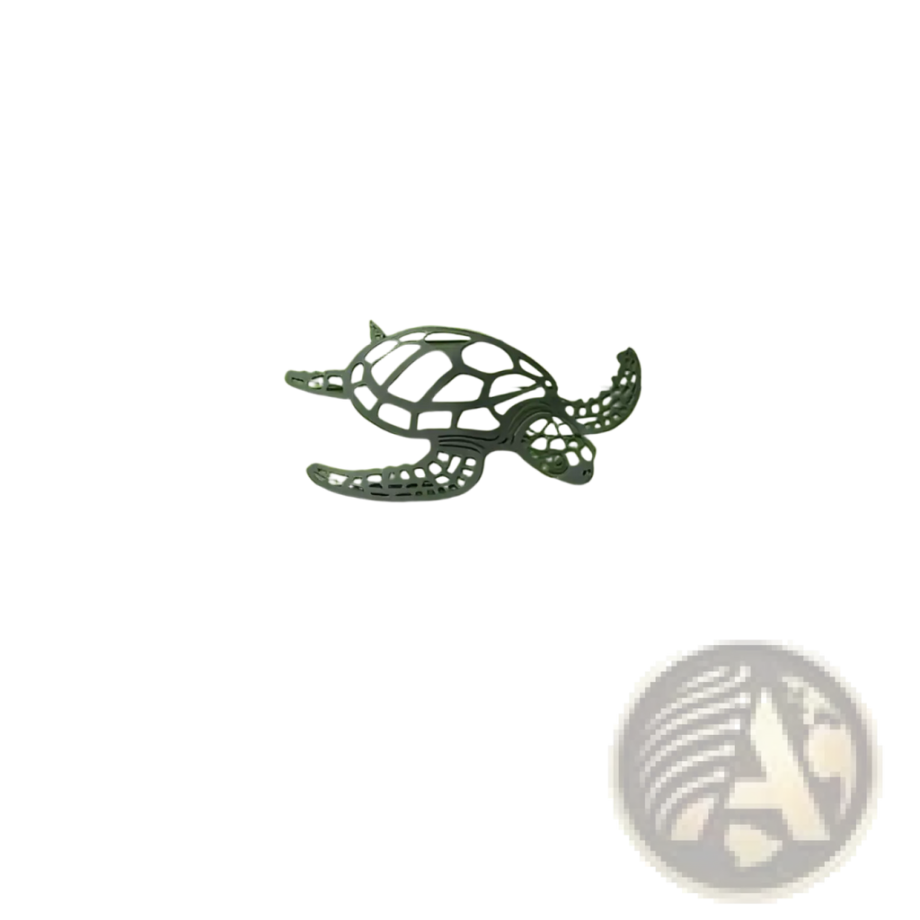 Metal turtle wall art minimalist sea life decor featuring a dark gray intricately cut metal sea turtle on green siding