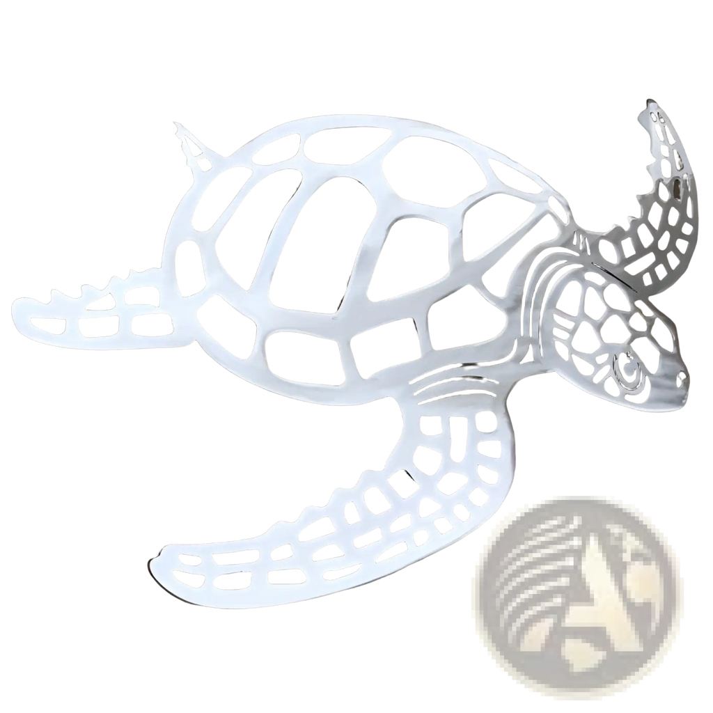 Silver metal sea turtle wall art with cut-out geometric pattern minimalist sea life decor for interior display