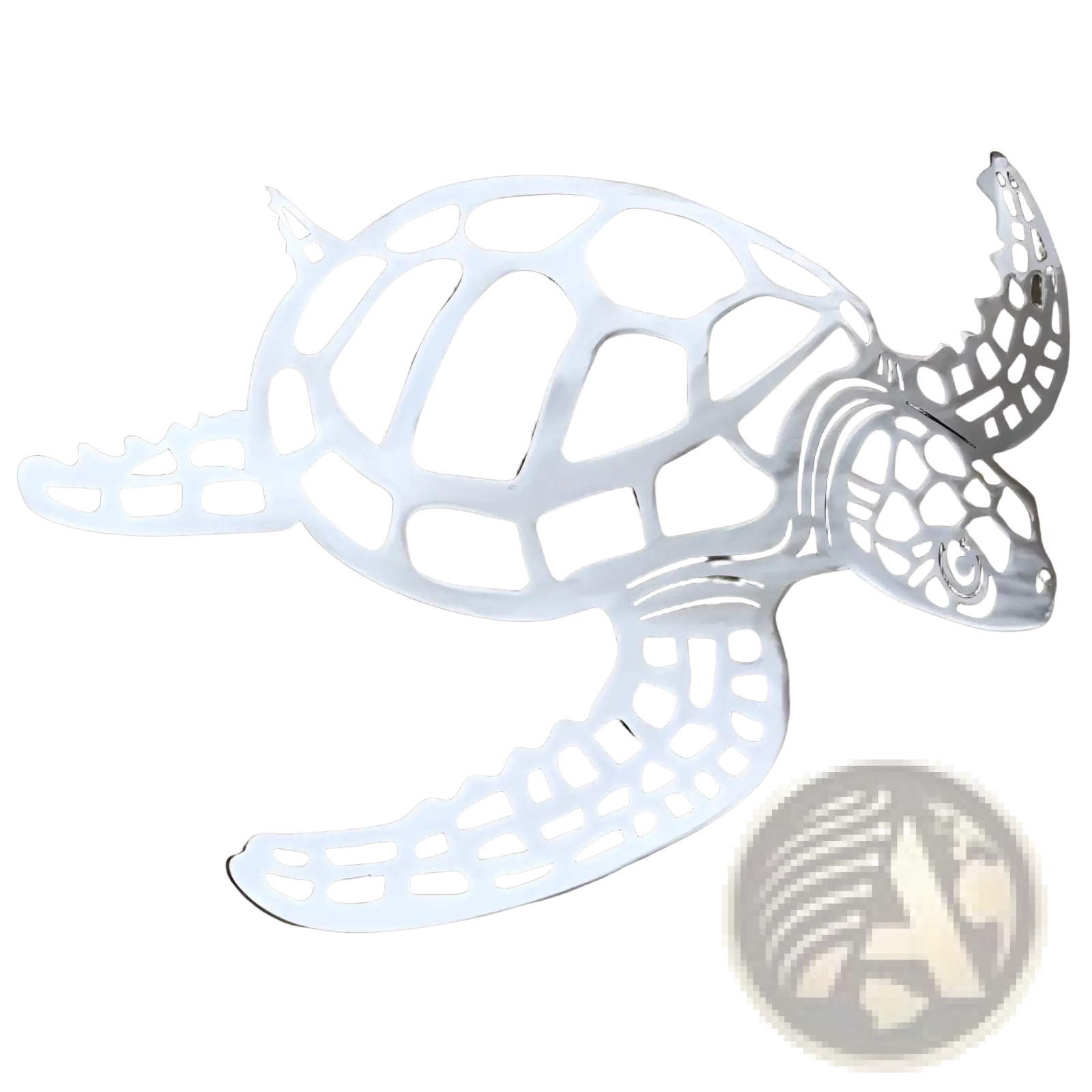 Silver metal sea turtle wall art with cut-out geometric pattern minimalist sea life decor for interior display
