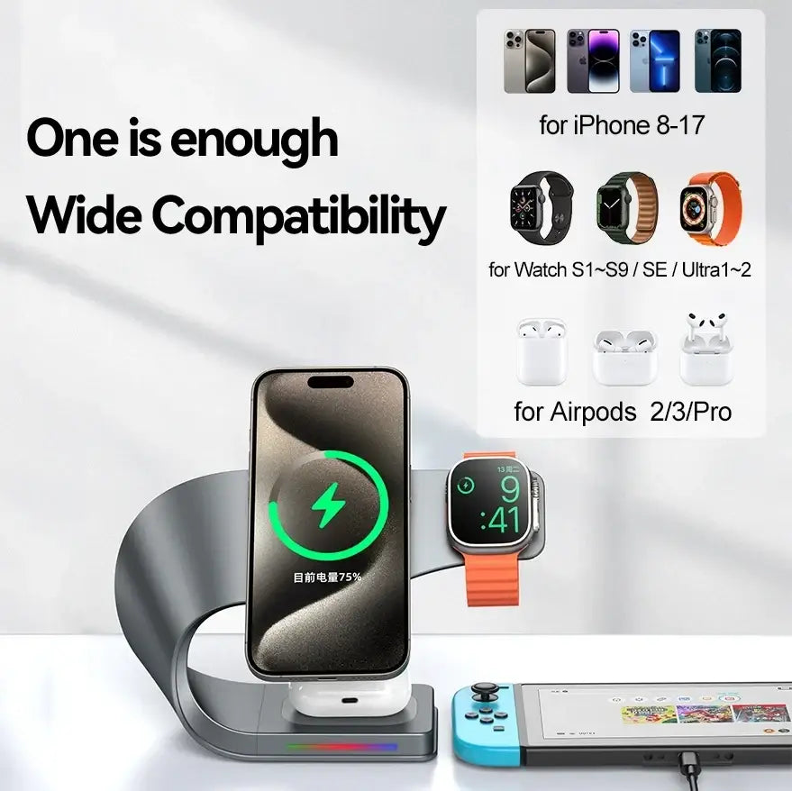 Black metal wireless charger 4-in-1 with curved design and rgb lighting base for phone earbuds watch charging