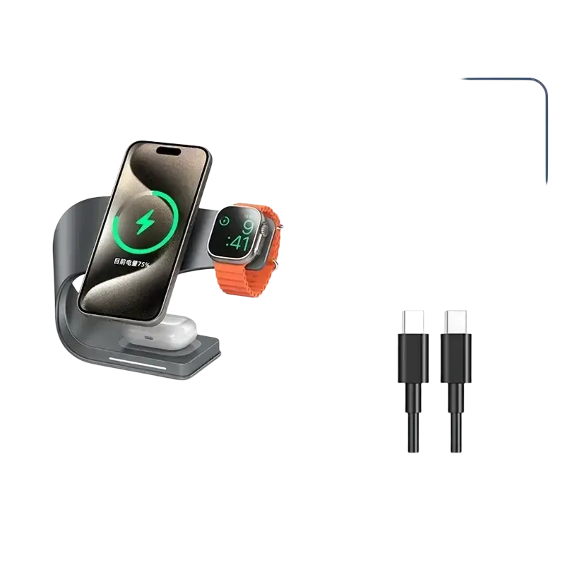 Gray metal wireless charger 4-in-1 with integrated slots for smartphone and smartwatch in a sleek modern design