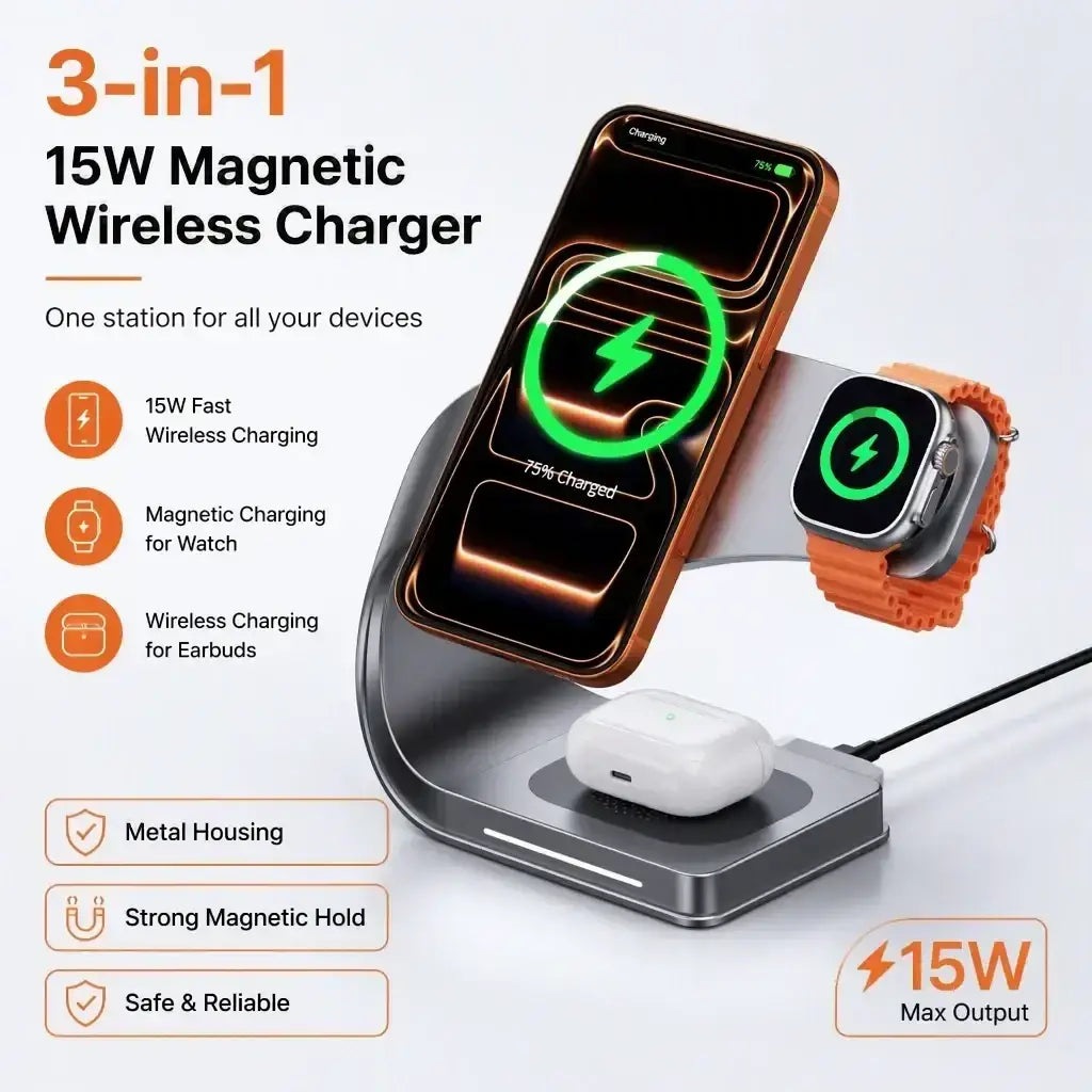 Silver metal wireless charger 3-in-1 with sleek metal housing for simultaneous charging of phone earbuds and watch