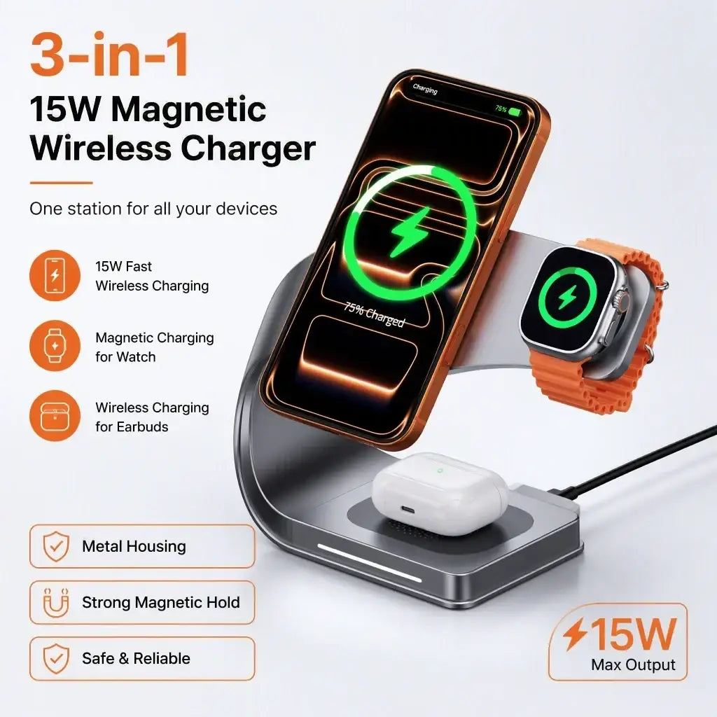 Silver metal wireless charger 3-in-1 with sleek housing for charging phone earbuds watch simultaneously