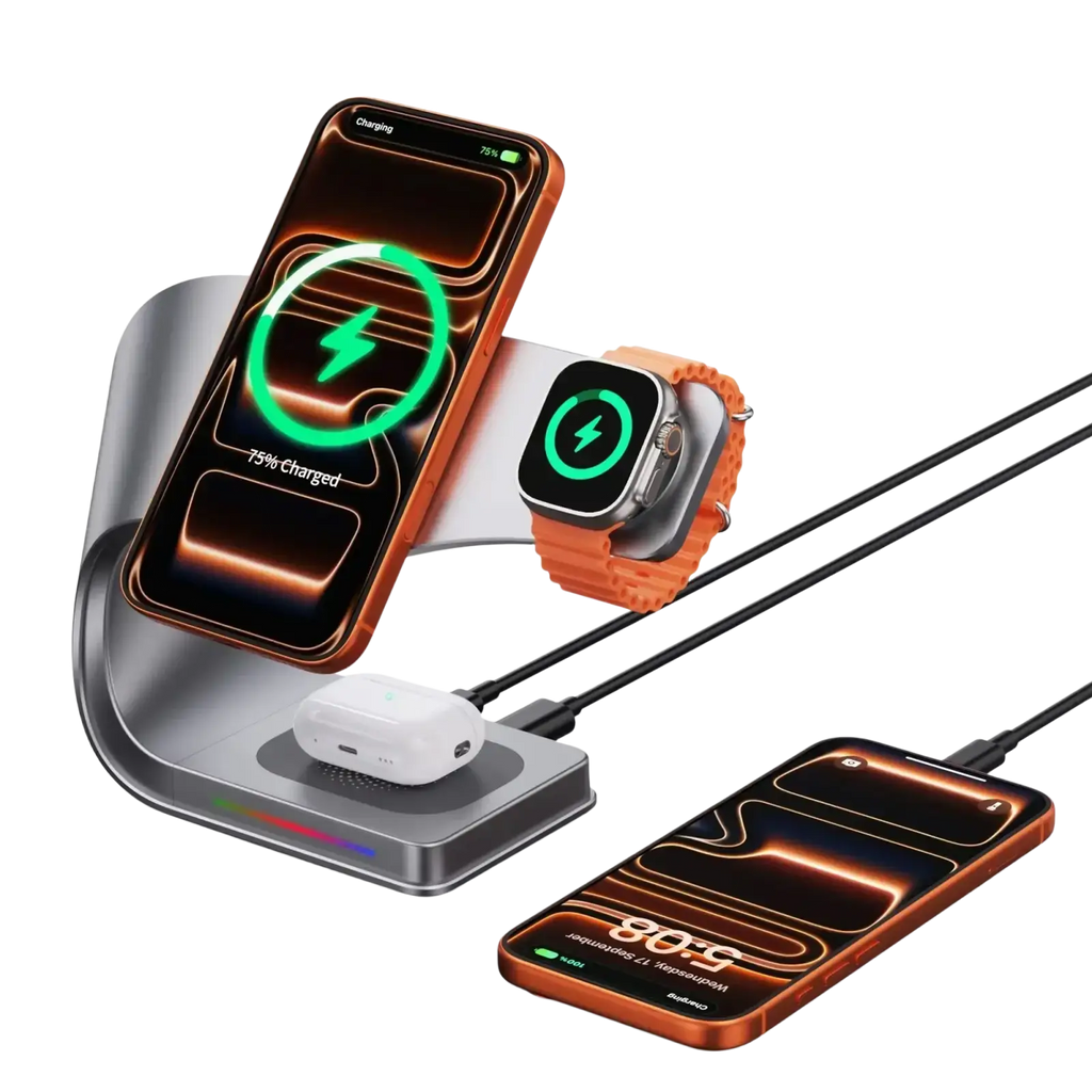 Silver metal wireless charger 4-in-1 with multi-device charging, integrated cable management, and rgb lighting