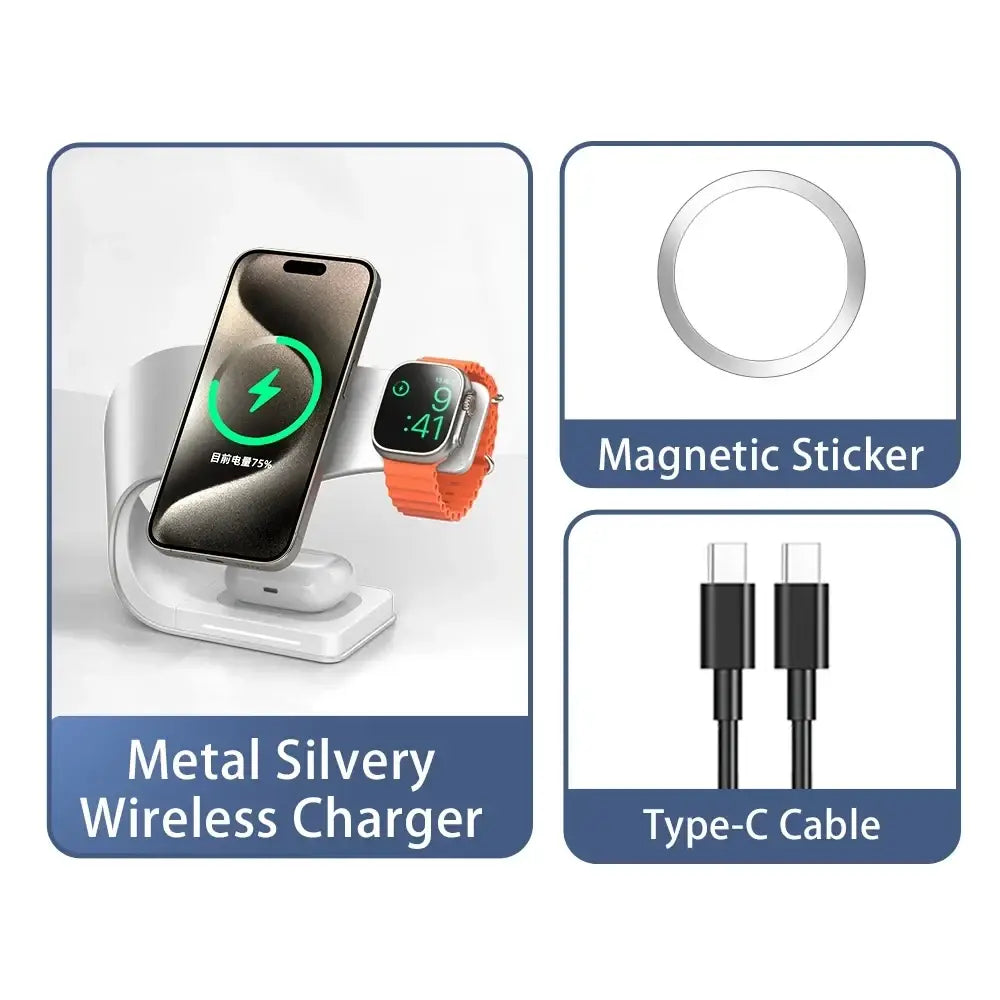 Metal wireless charger 4-in-1 in silvery metal design wirelessly charging an iphone and apple watch simultaneously