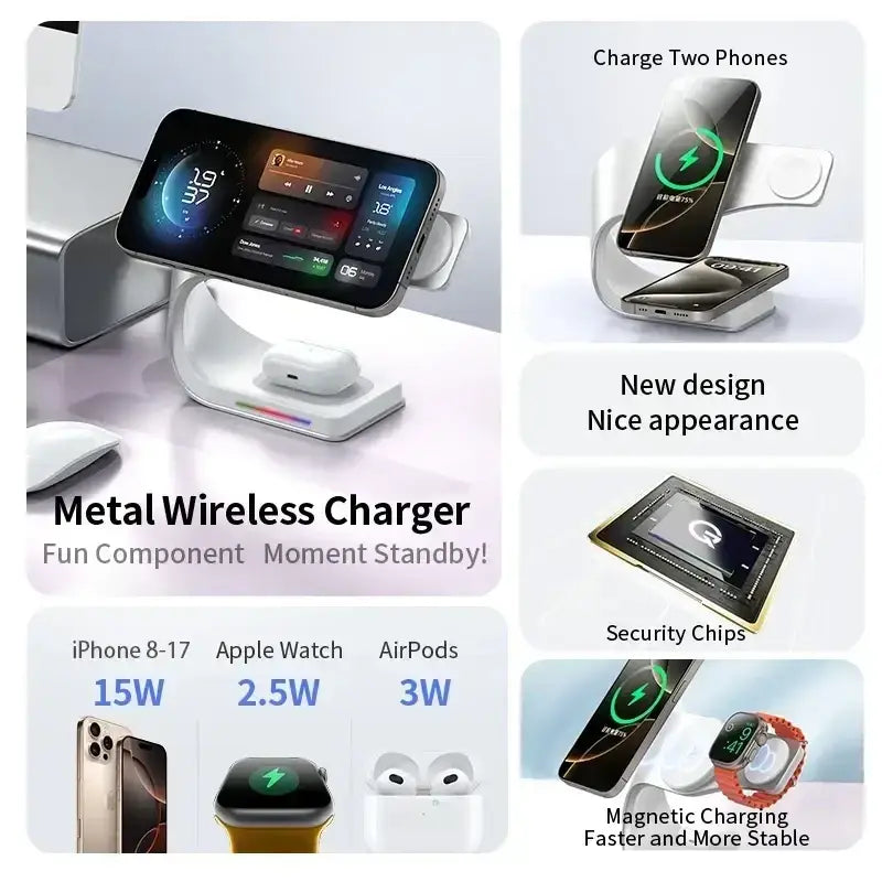 White metal wireless charger 4-in-1 with sleek stand design and built-in charging ports for iPhone 8-17 apple watch and AirPods