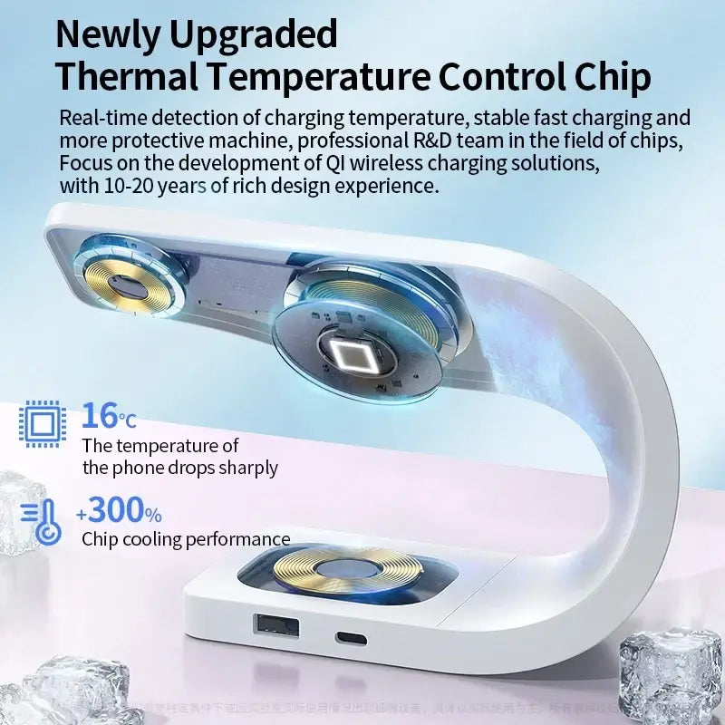 White curved metal wireless charger 4-in-1 with gold cooling accents for phone earbuds watch charging
