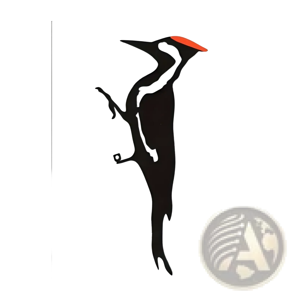 Black metal woodpecker wall art with bright orange beak for outdoor garden decor