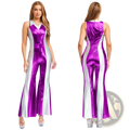 Purple and silver metallic two-tone 70s disco jumpsuit with flared leg design in shiny fabric for retro style events