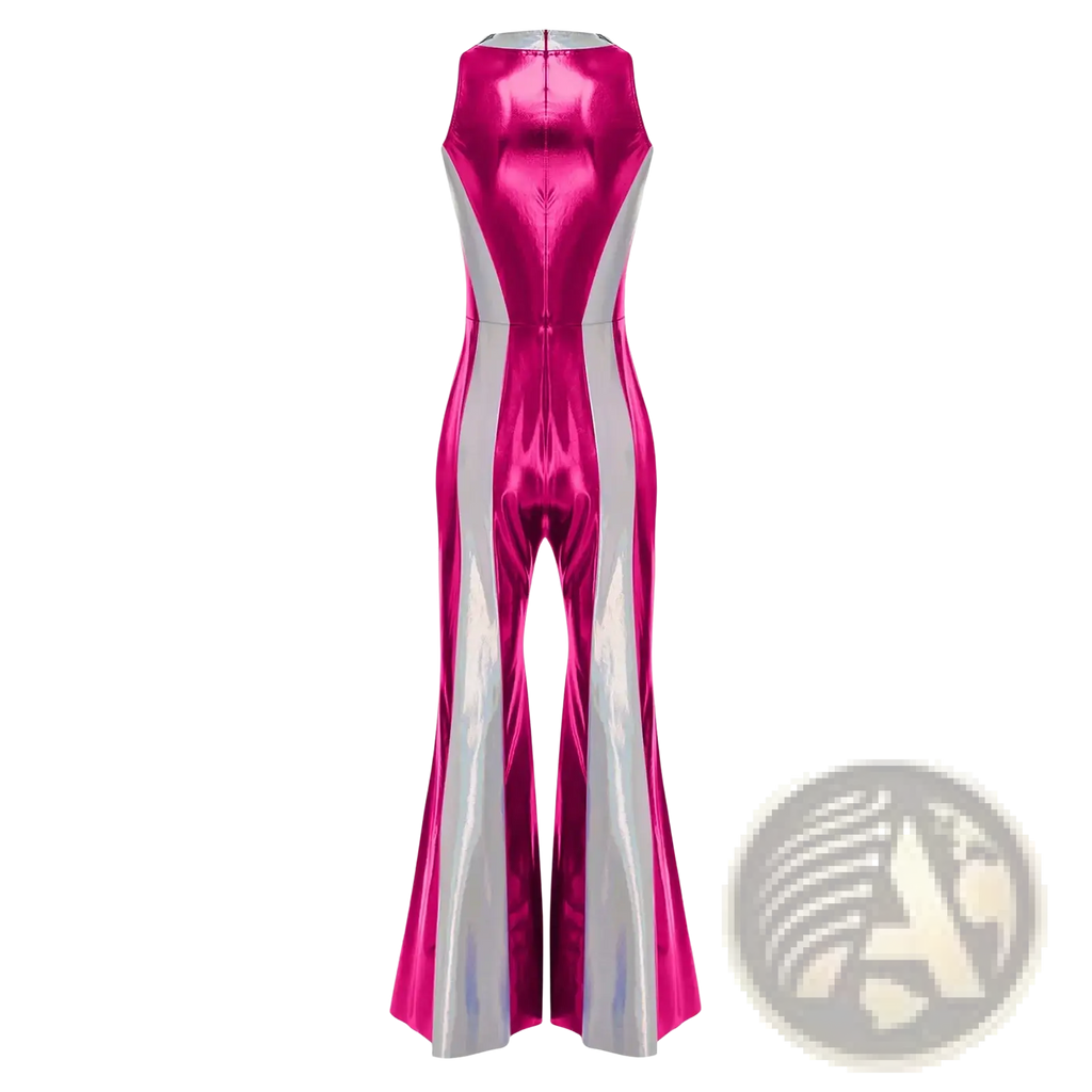 A shiny sleeveless metallic 70s disco jumpsuit in vibrant pink and silver with flared leg design