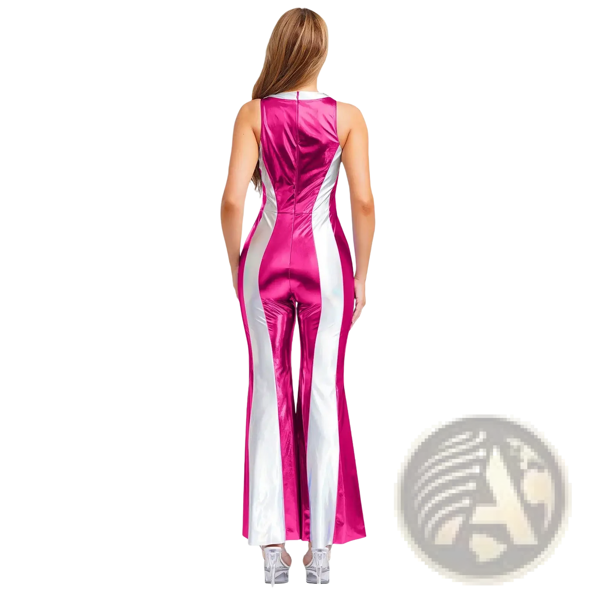 A shiny sleeveless metallic 70s disco jumpsuit in vibrant pink and white with a sleek form-fitting design