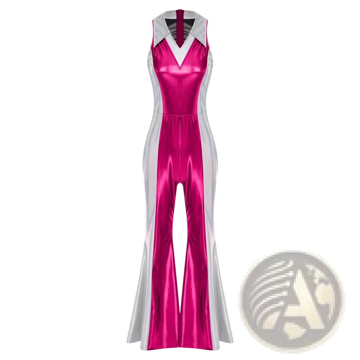 Metallic 70s disco jumpsuit with shiny two-tone fuchsia front and silver sides featuring structured collar and flared legs