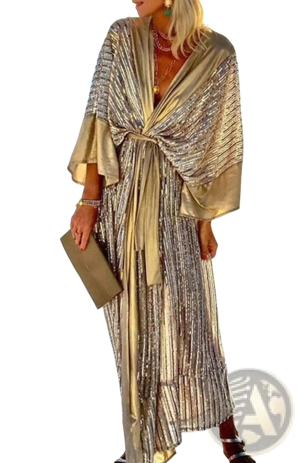 A shimmering gold and silver metallic bat sleeve pleated sequin maxi dress with a draped tie-front design