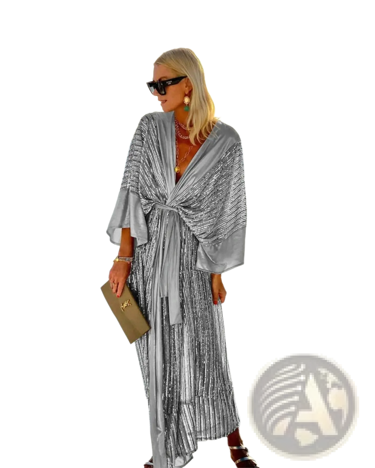Silver sequined metallic bat sleeve pleated maxi dress with draped tie-front design and wide sleeves