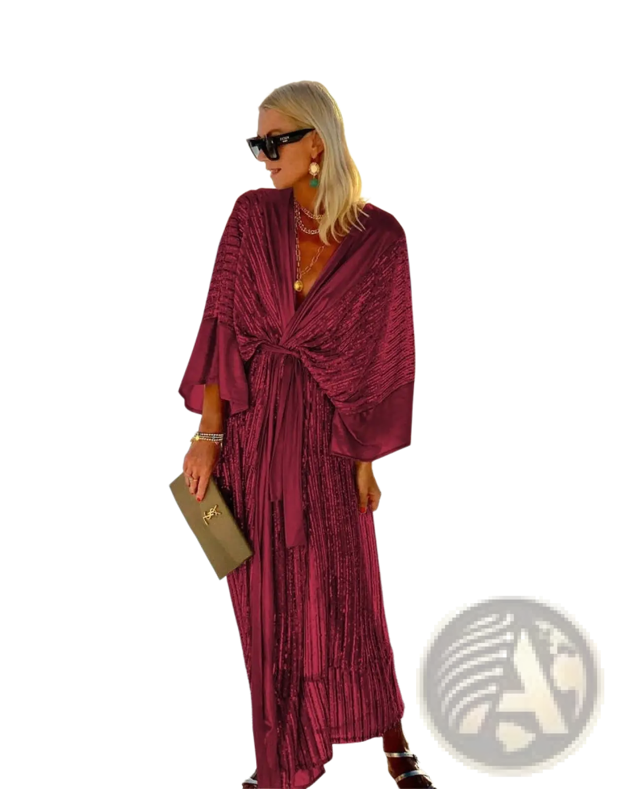 A burgundy metallic bat sleeve pleated sequin maxi dress with a draped asymmetrical neckline and wide sleeves