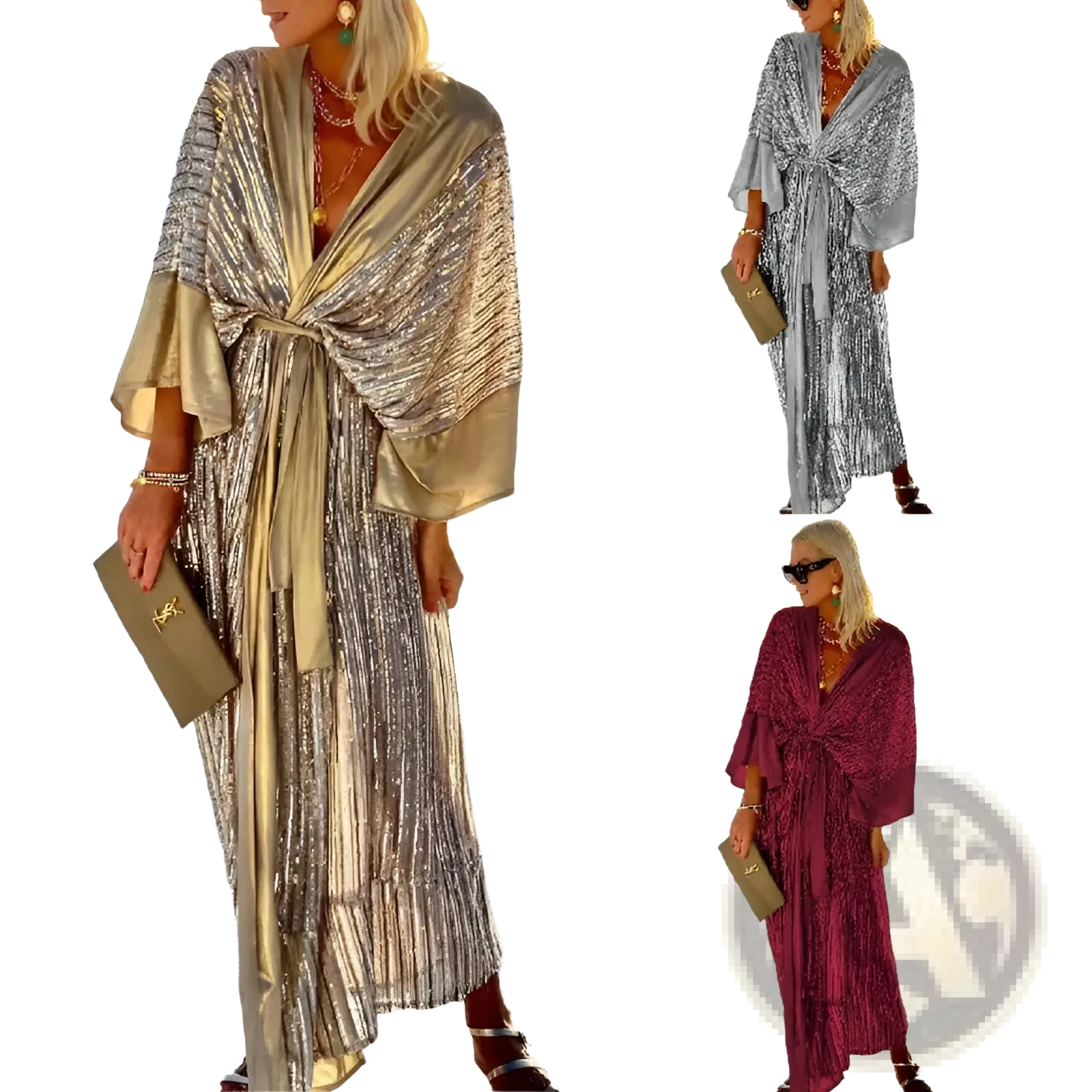 A metallic bat sleeve pleated sequin maxi dress in shimmering gold or silver with a draped tied waist detail