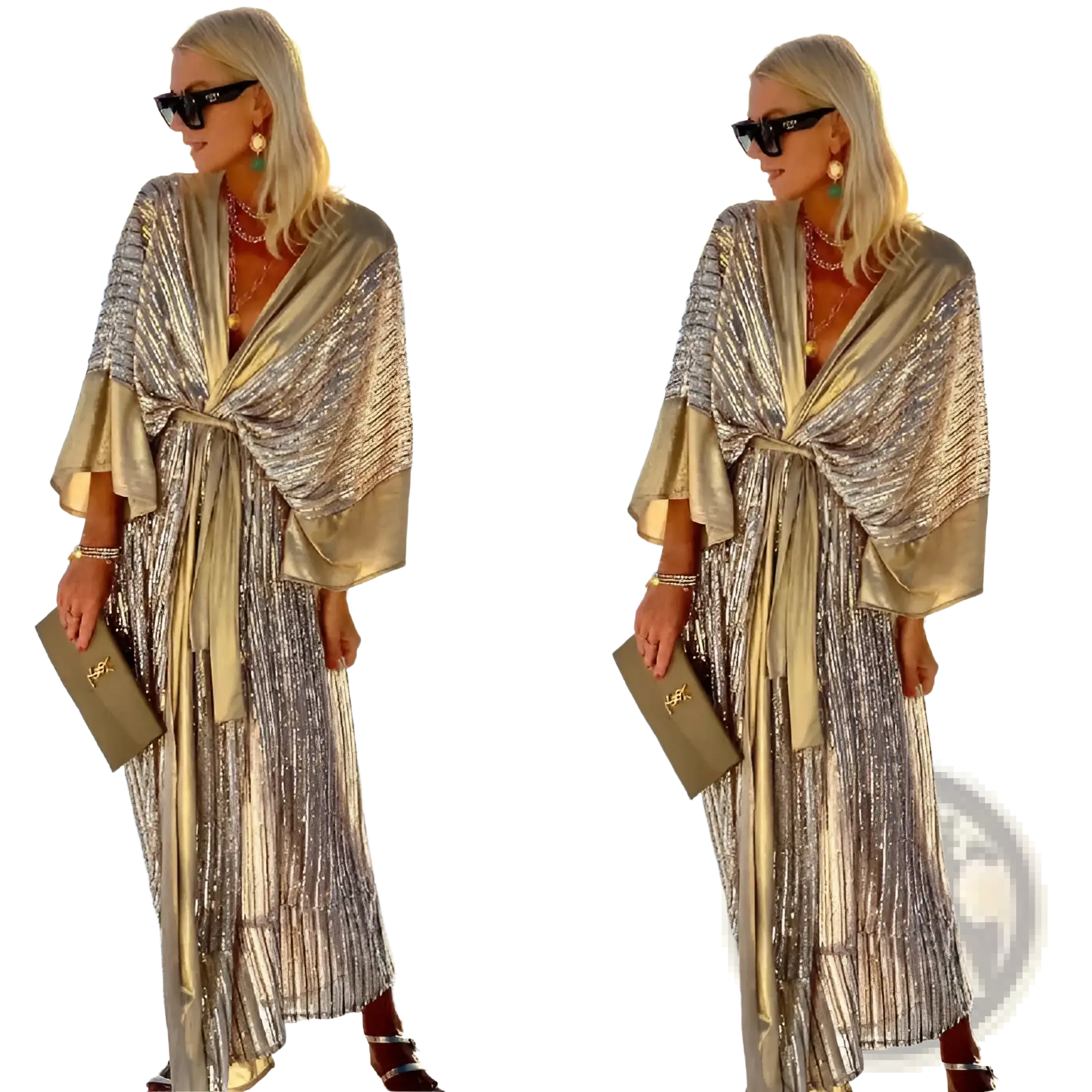 A shimmering gold sequined metallic bat sleeve pleated maxi dress with a draped flowing design and wide sleeves