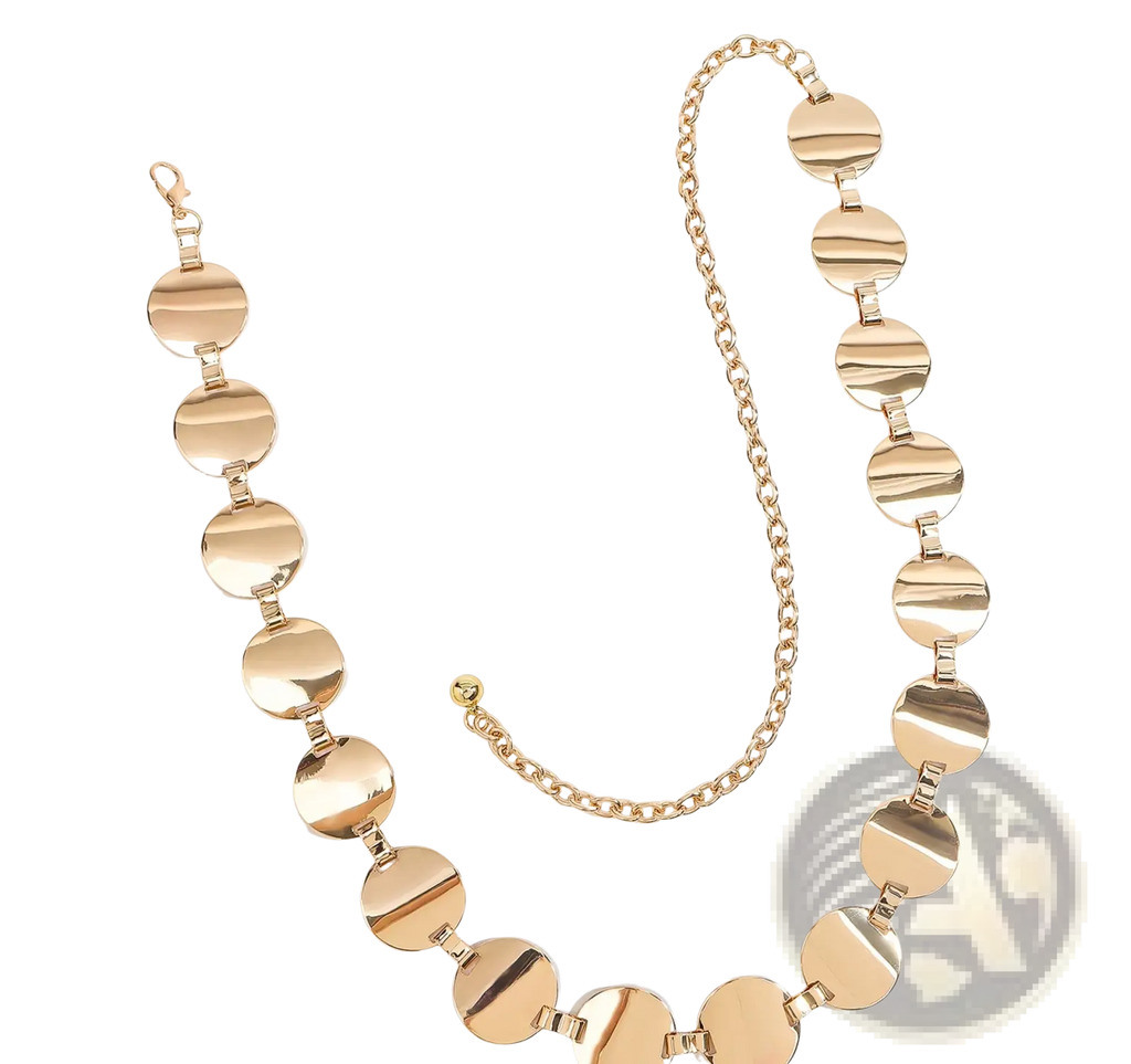 Metallic disc waist chain silver pants belt featuring gold-toned large flat circular links and matching clasp
