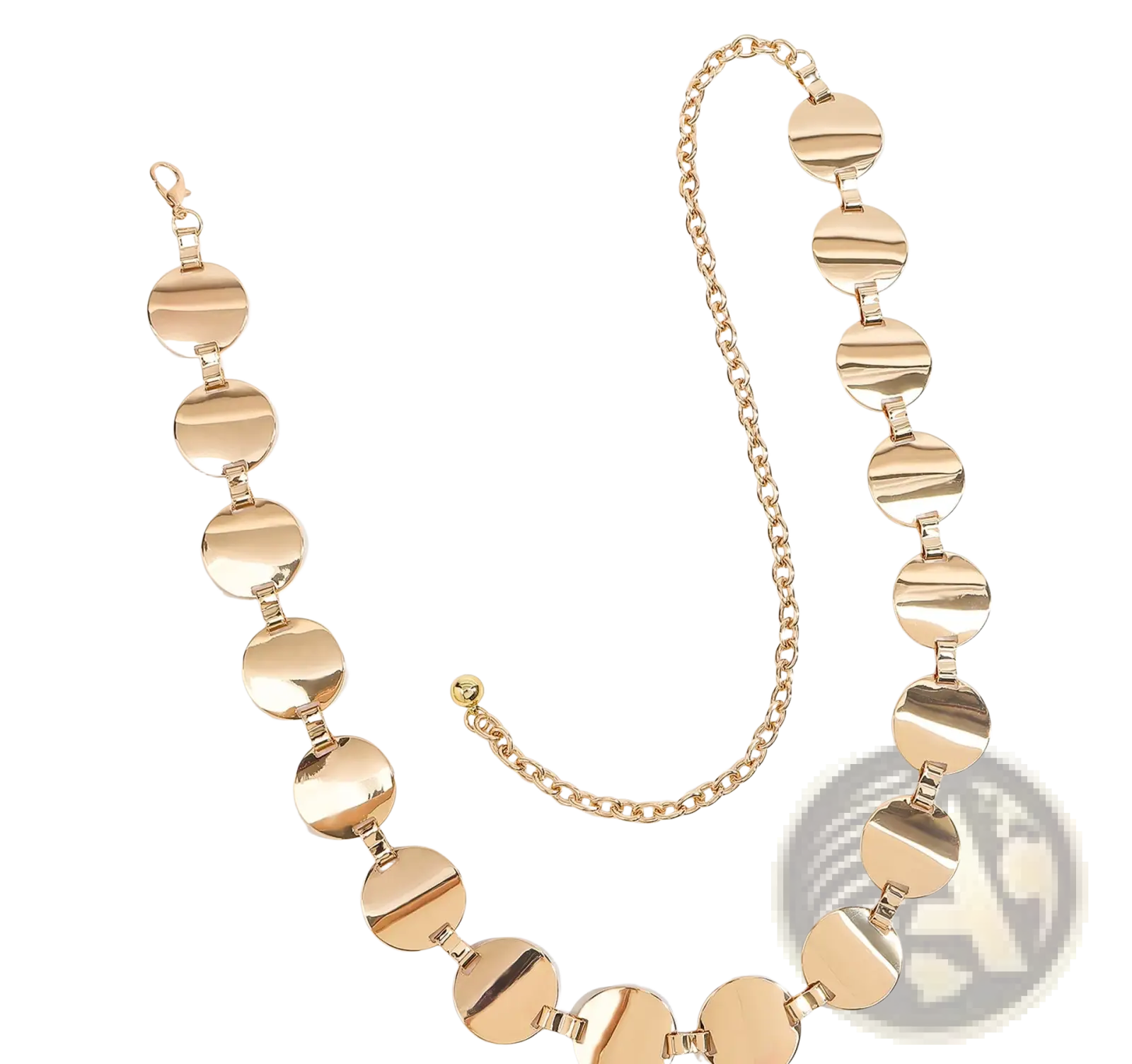 Metallic disc waist chain silver pants belt featuring gold-toned large flat circular links and matching clasp