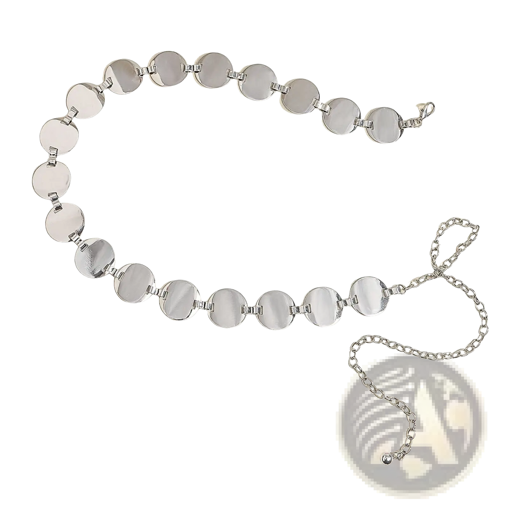Metallic disc waist chain silver pants belt featuring a silver metallic disc belt with chain and clasp detail